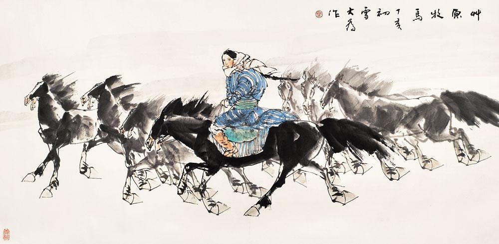 0489 草原牧马图 镜片 设色纸本