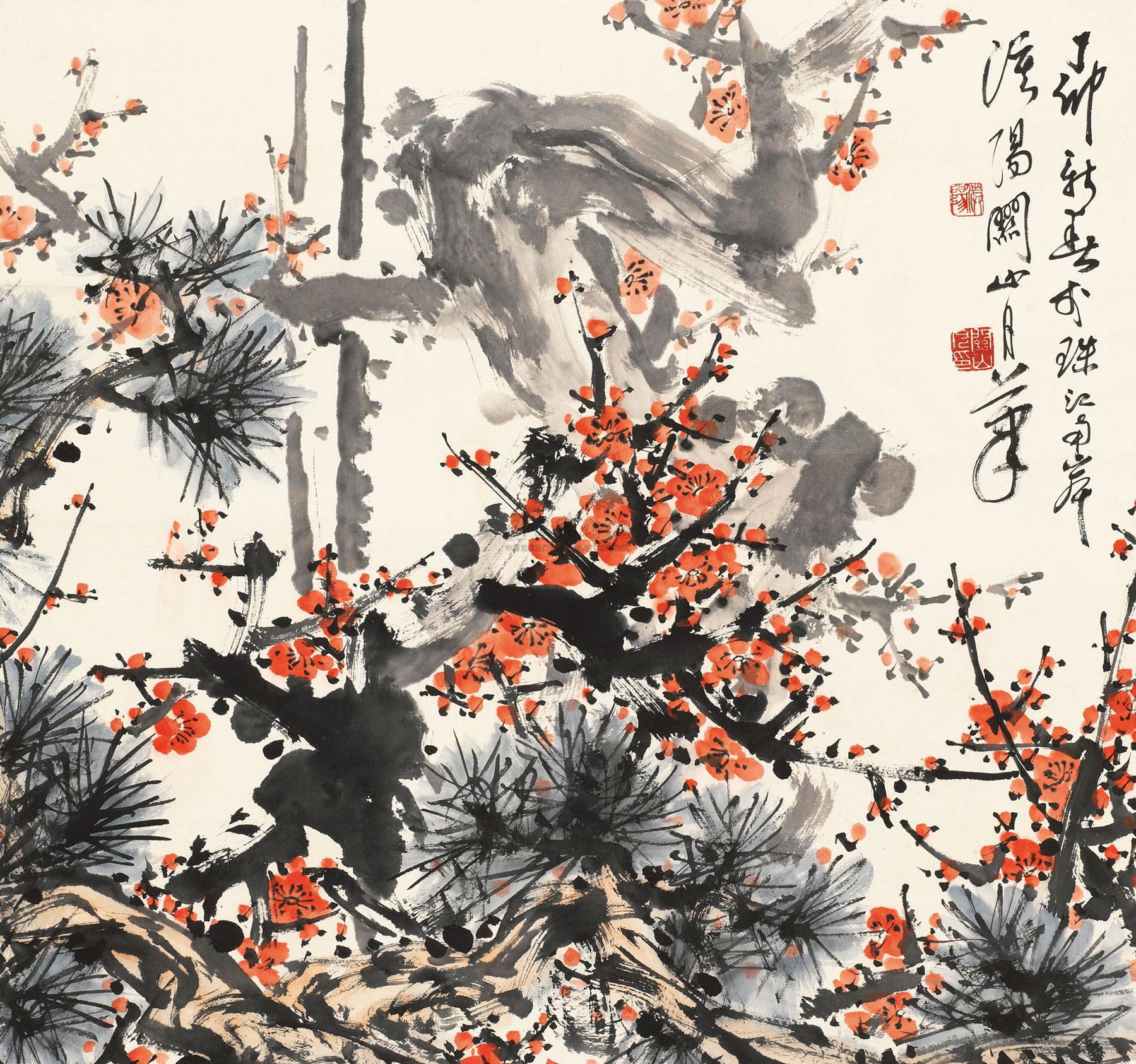 0801 丁卯(1987年)作 松梅图 立轴 设色纸本