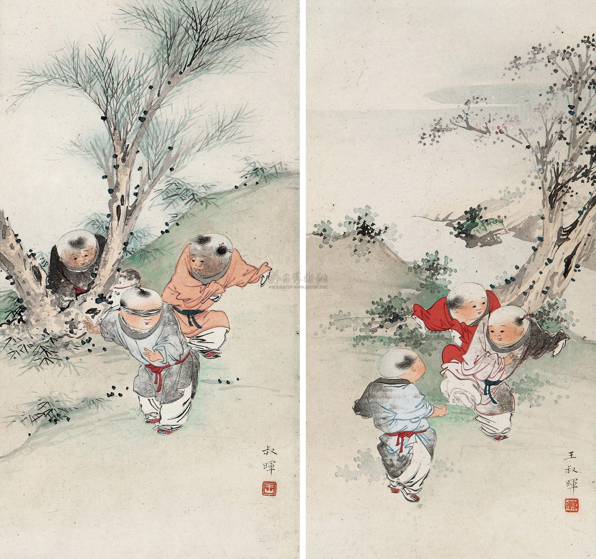 0790 婴戏图 对屏镜心 设色纸本