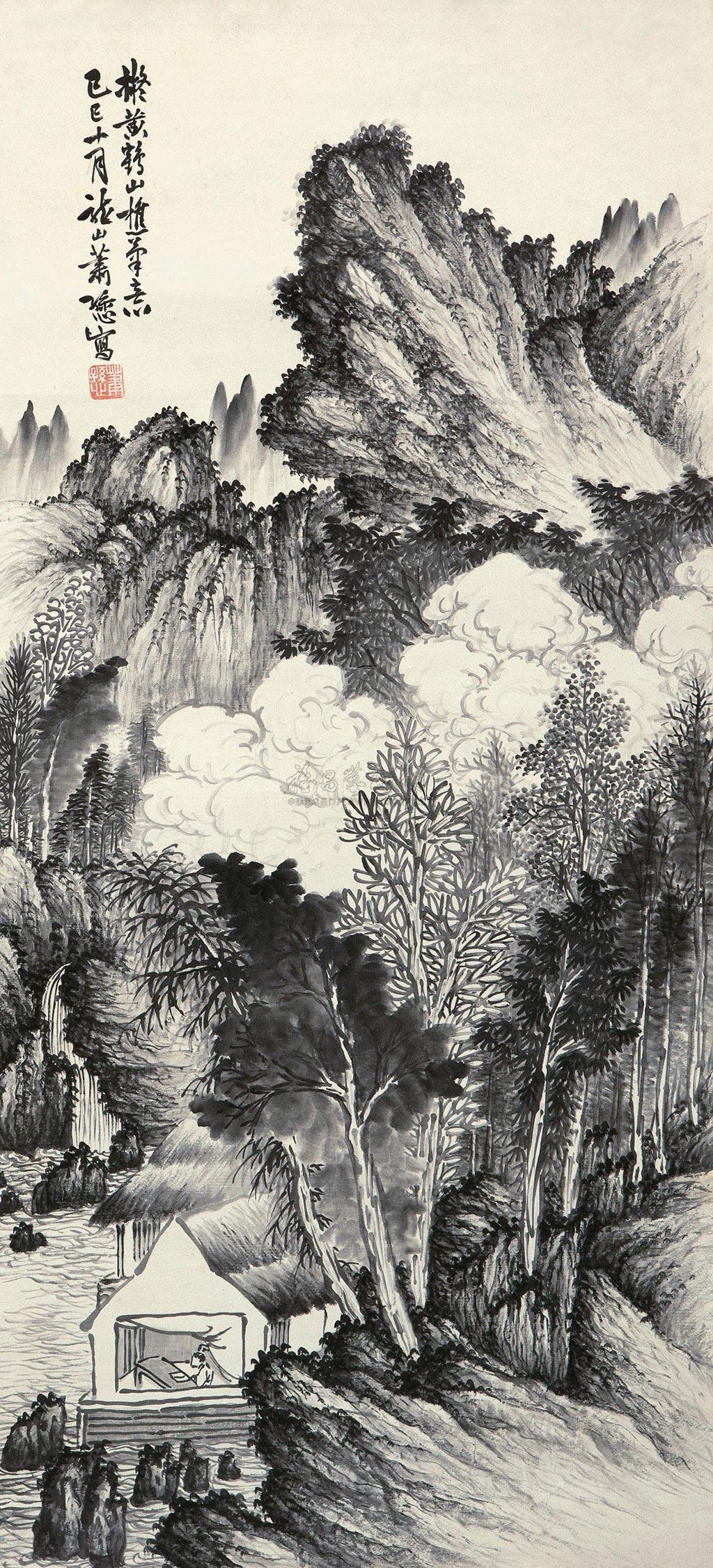 0155 己巳(1929年)作 仿王蒙山水 立轴 纸本