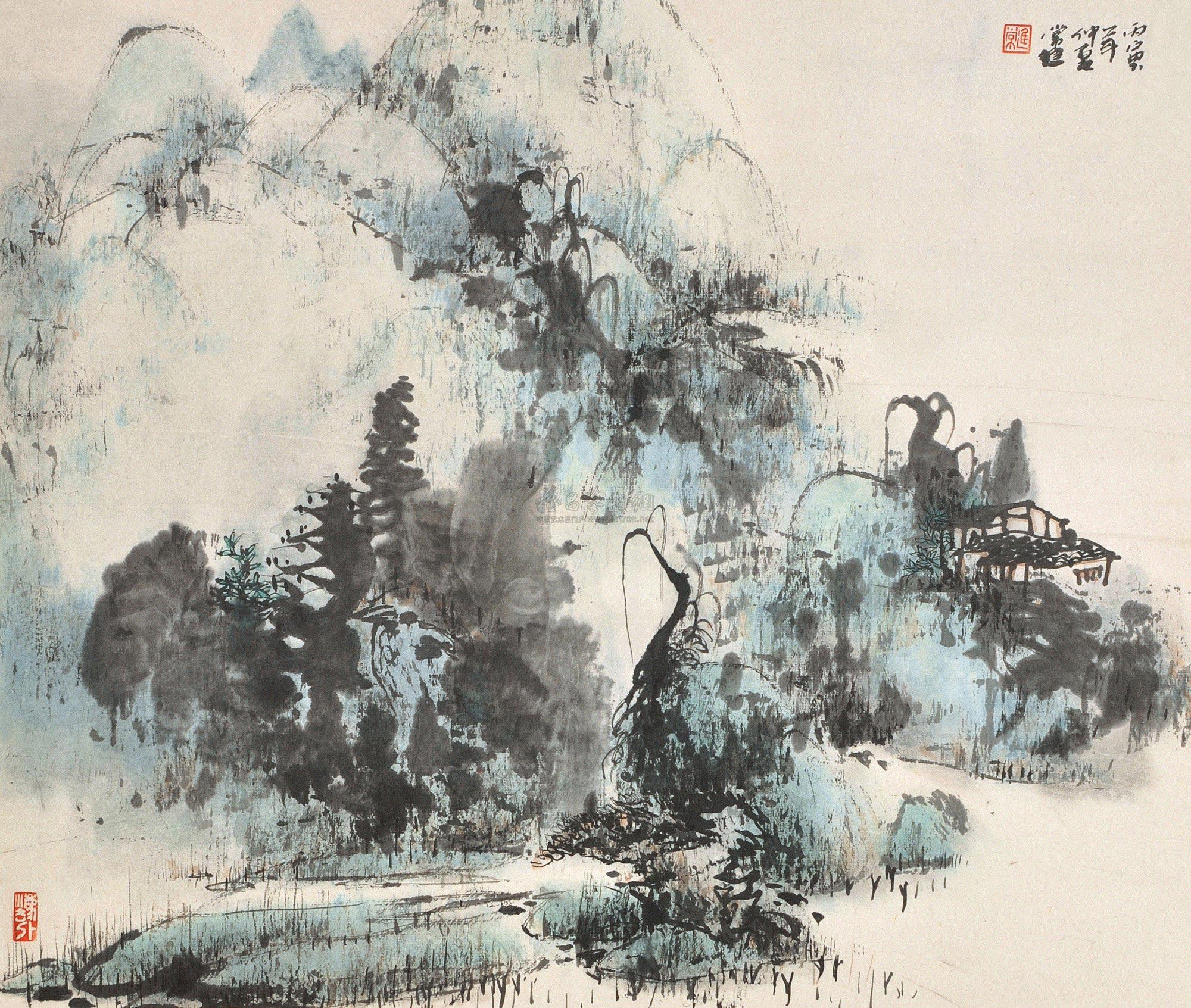 【密林古亭图 立轴 设色纸本】拍卖品_图片_价格_鉴赏_绘画_雅昌艺术