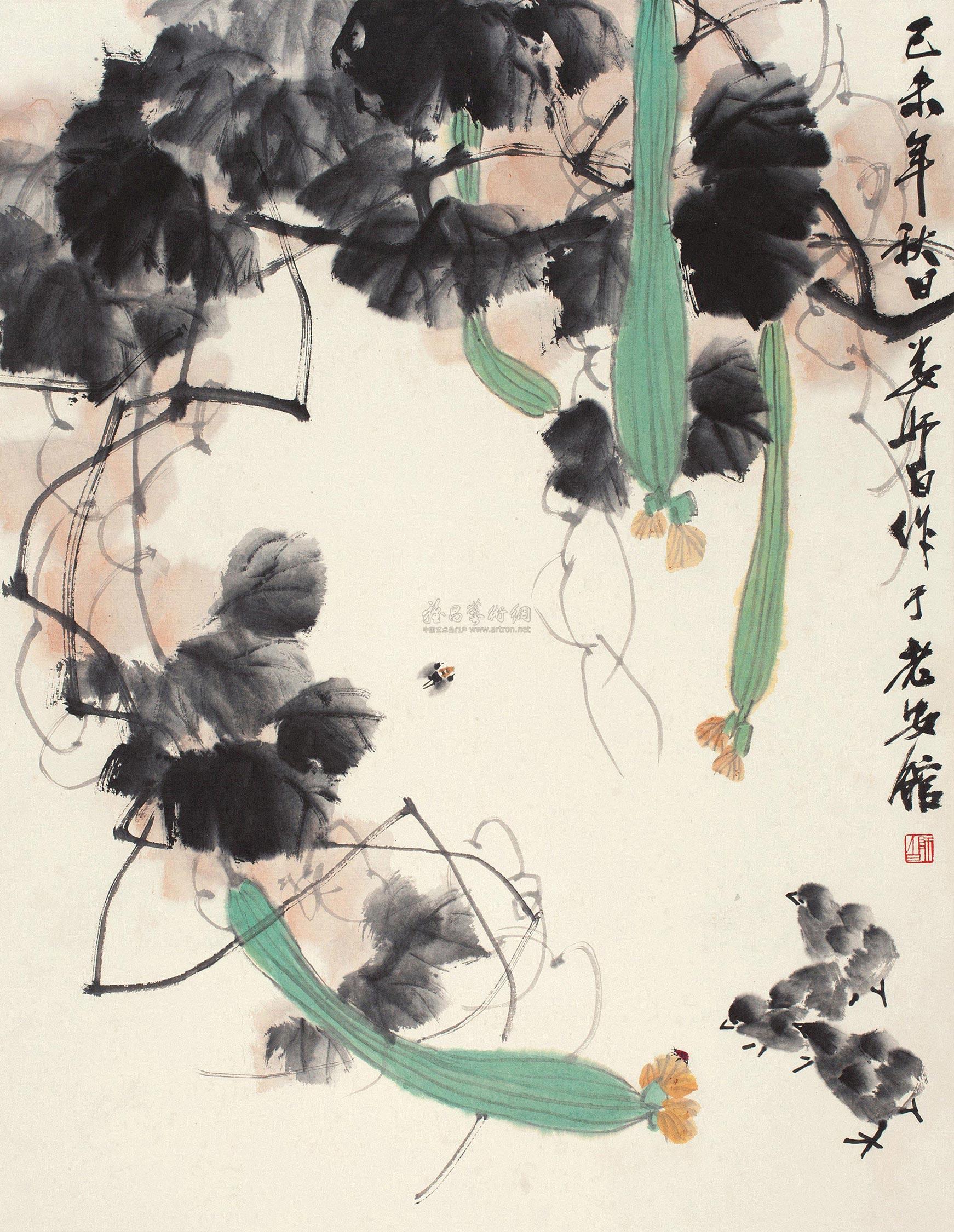 0294 己未(1979年)作 丝瓜雏鸡 立轴 纸本