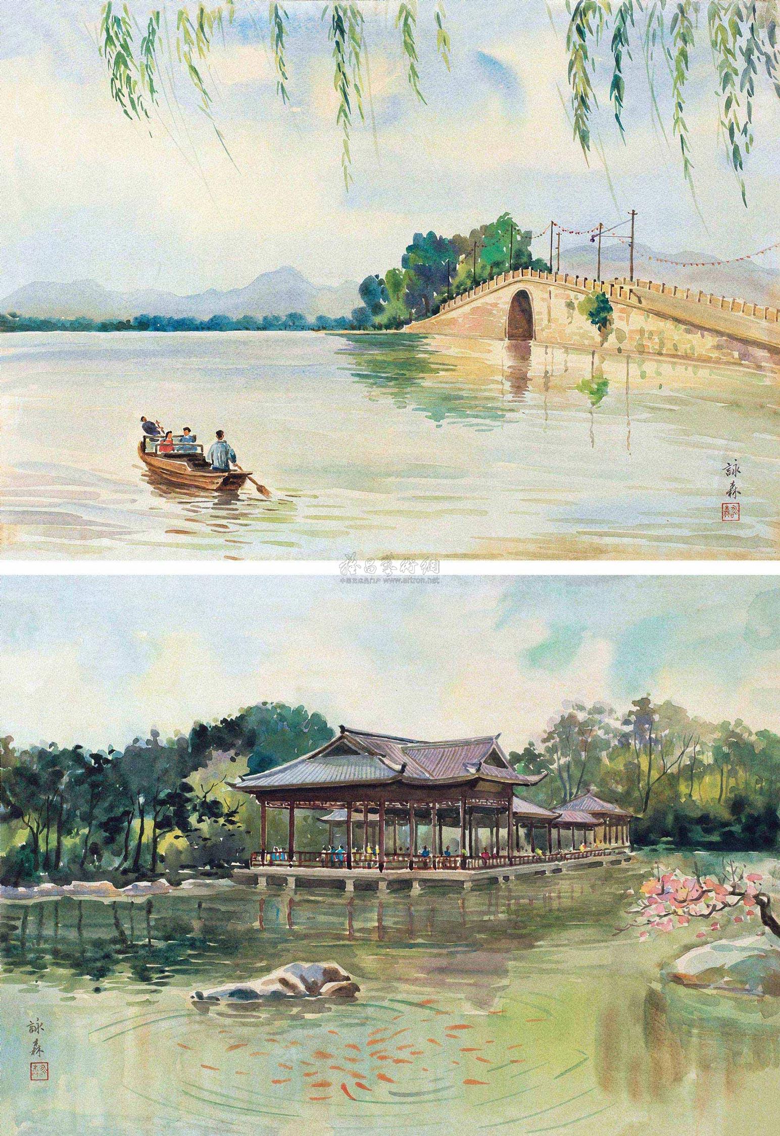 杭州西湖风景断桥手绘