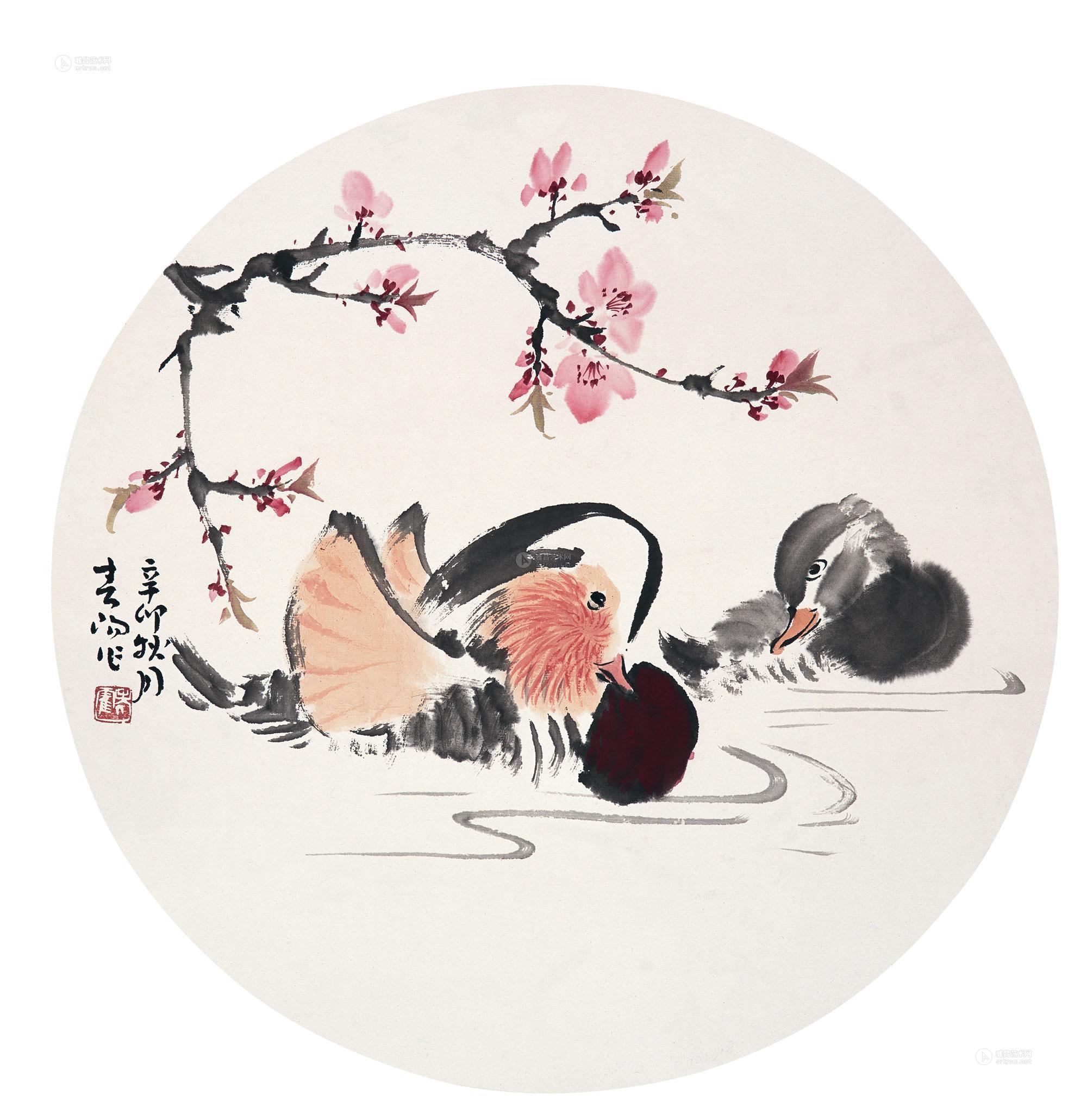 2011年作 桃花鸳鸯 镜片 设色纸本