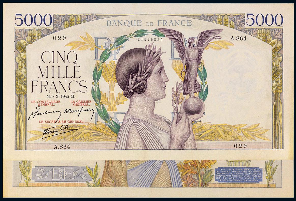 *3201 1942年法国5000法郎纸币一枚