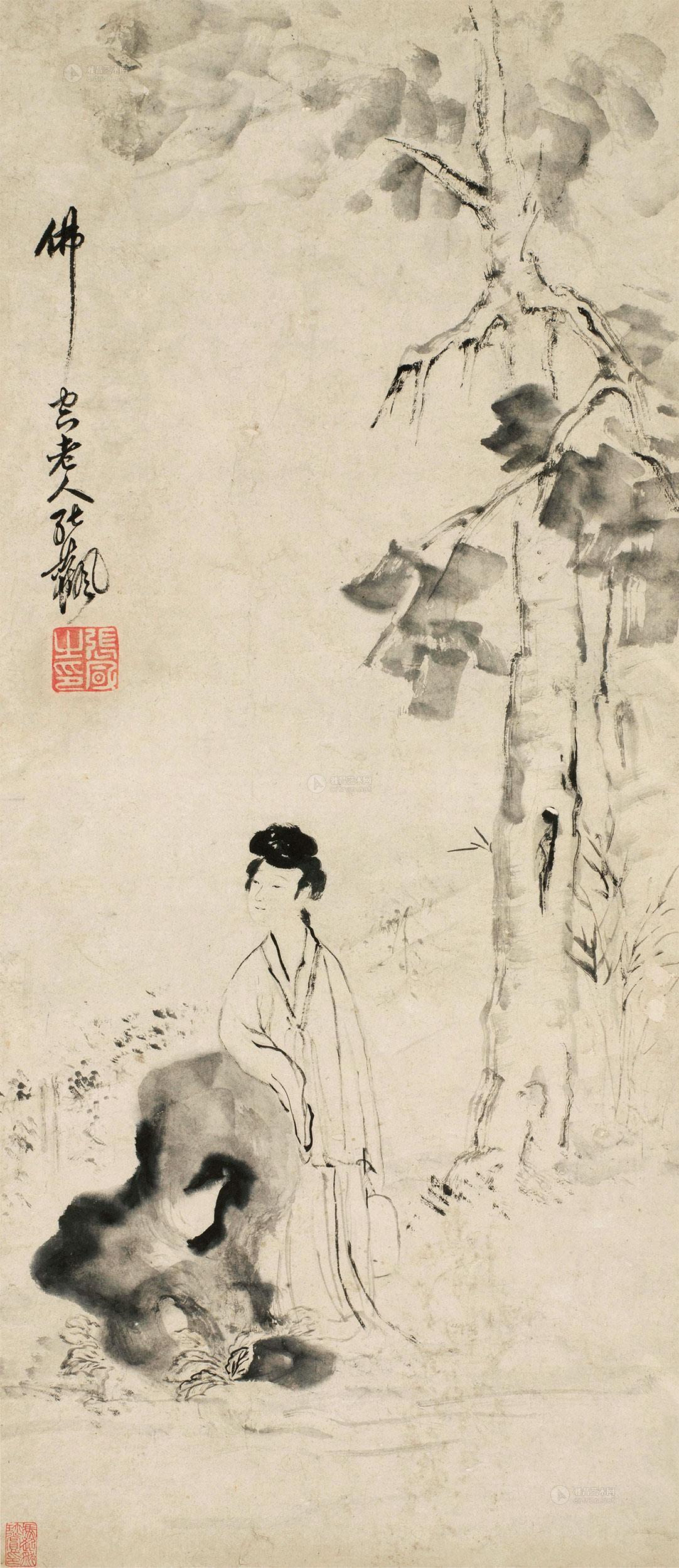 0567 桐荫仕女图 立轴 水墨纸本