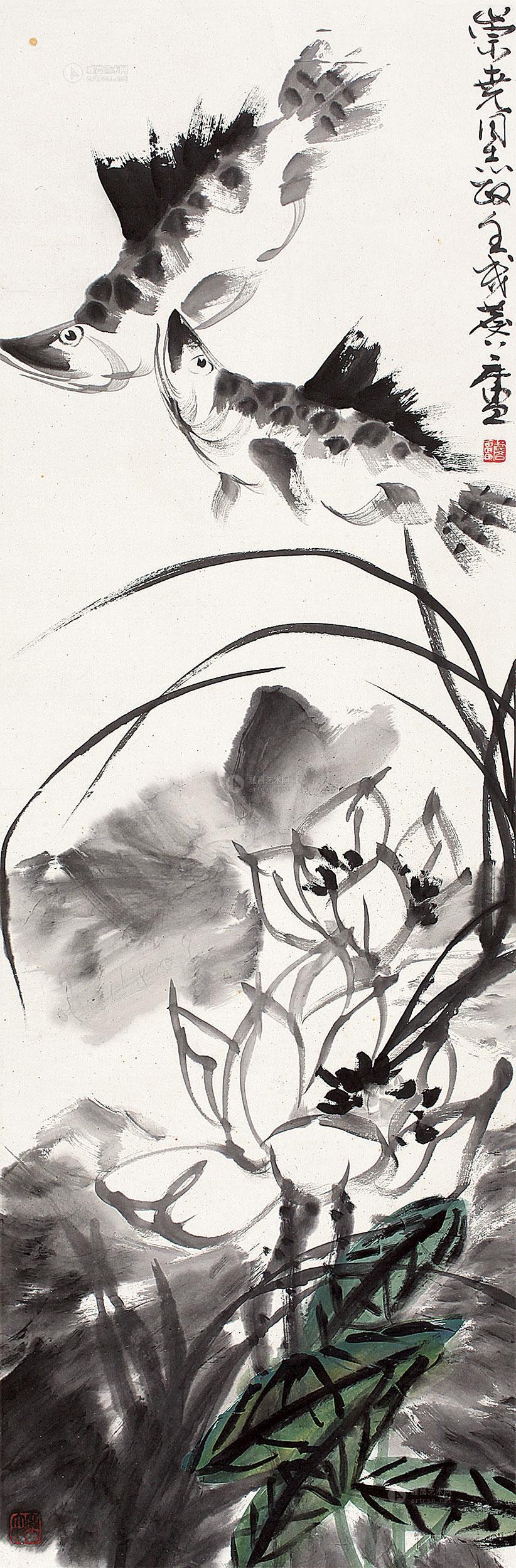 0514 壬戌(1982年)作 荷花鳜鱼 立轴 水墨纸本