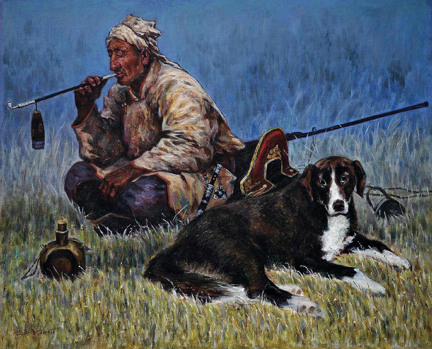 0725 2008年作 猎人与狗 布面油画