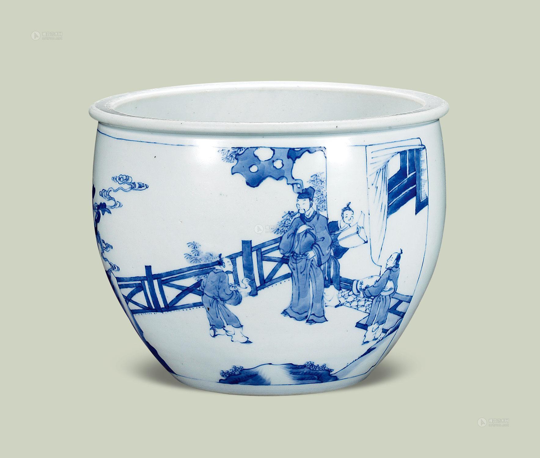 0057 清 青花开光花鸟人物卷缸