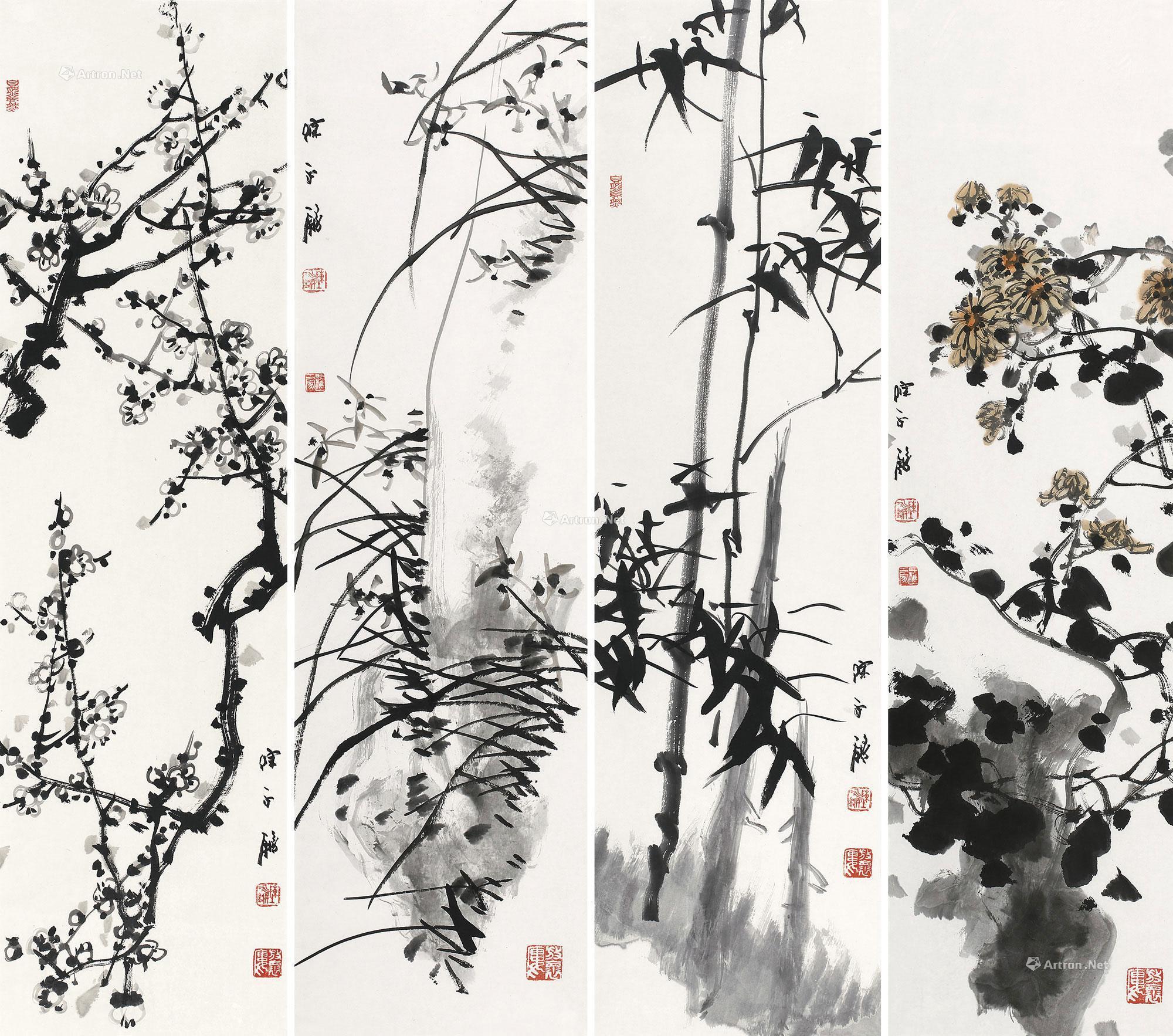 0013 梅兰竹菊 镜框 设色纸本/水墨纸本