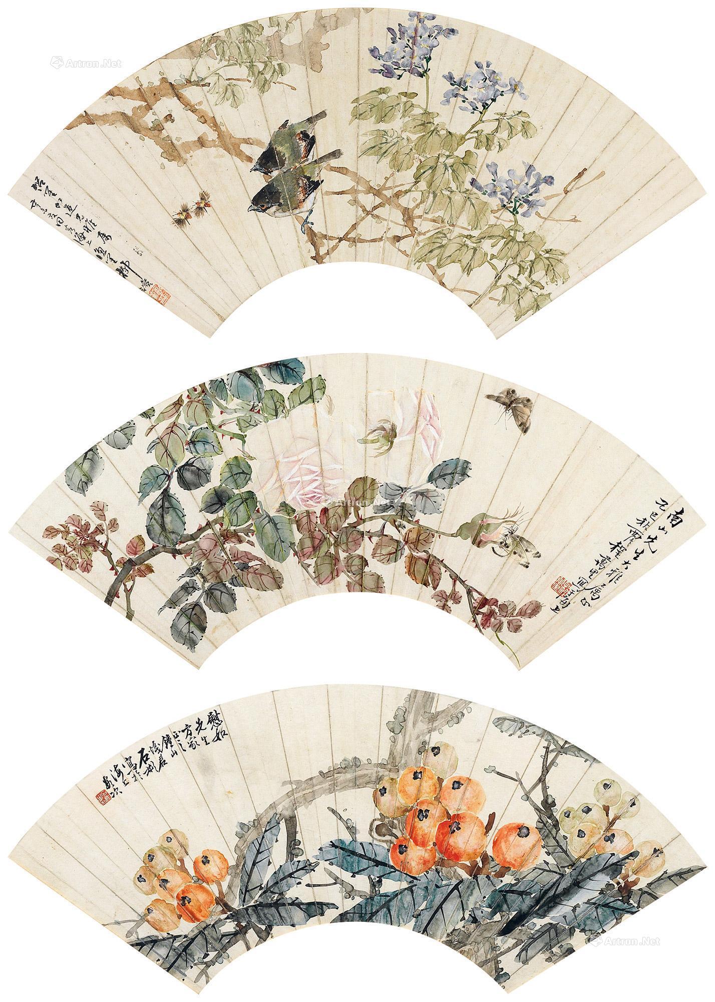 4003 花鸟扇面 镜框 设色纸本