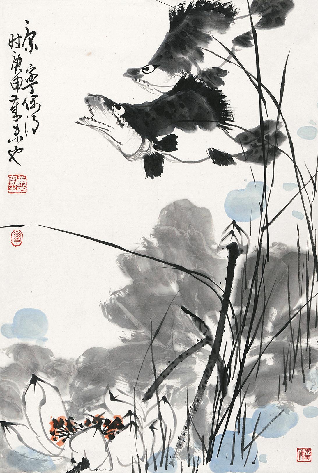 6286 1980年作 荷花流水鳜鱼肥 立轴 设色纸本