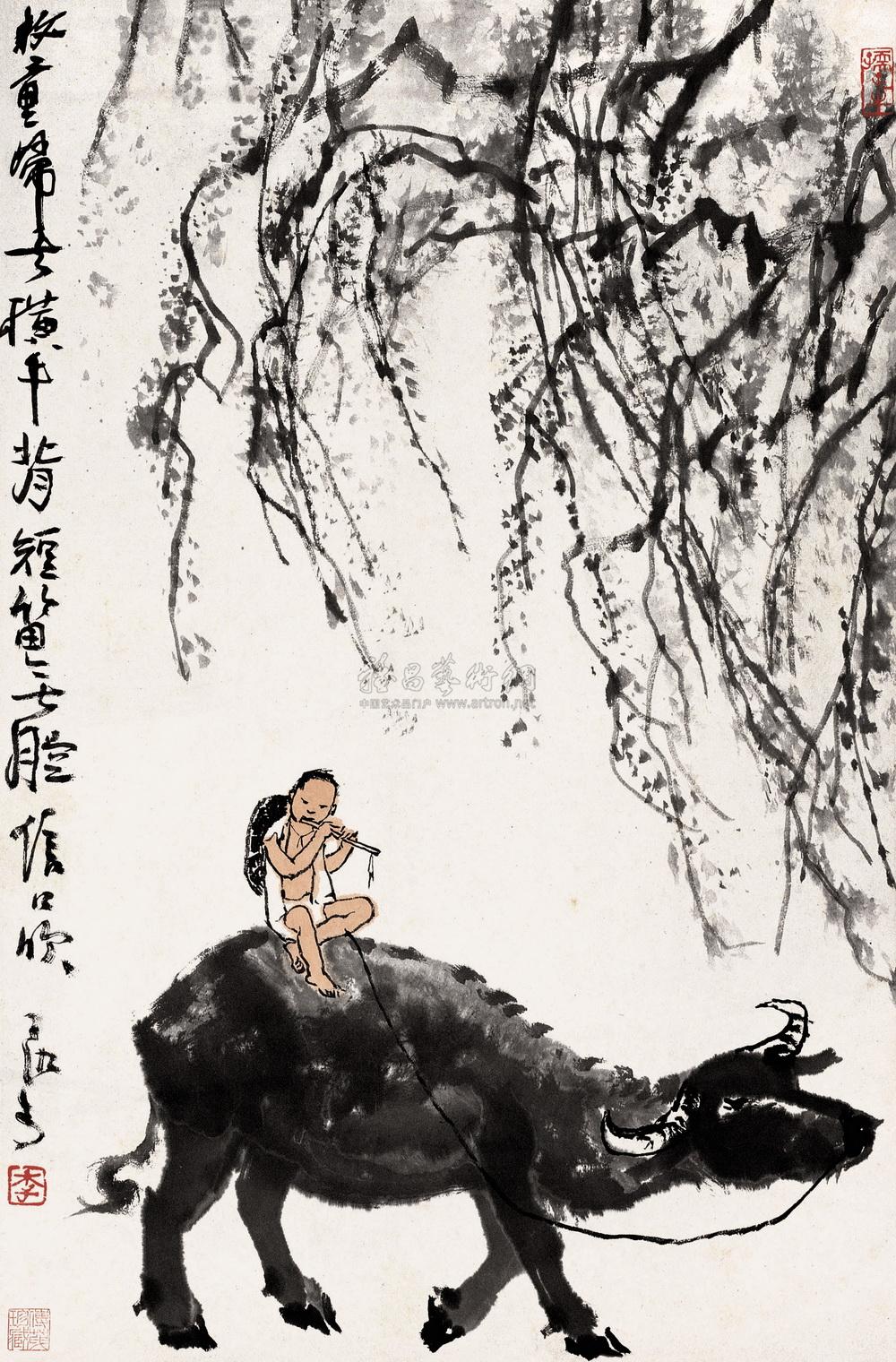 0540 牧童短笛图 立轴 纸本设色