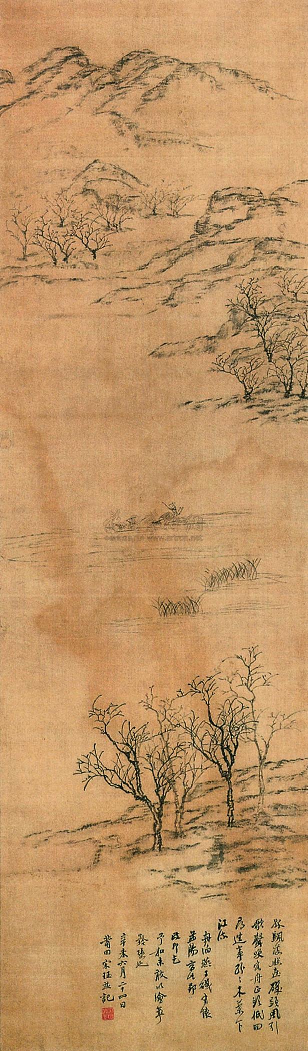 【1631年作 孤舟夕照 立轴 水墨绢本】拍卖品_图片_价格_鉴赏_绘画