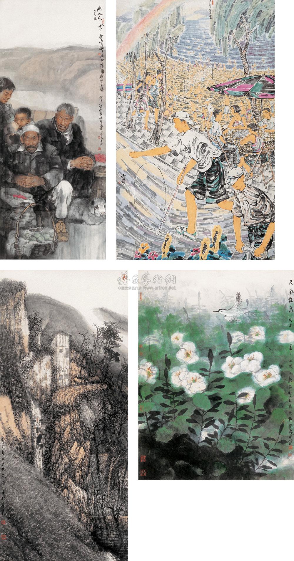 (一)王珂(b.1960) 陕北人之五 钤印:珂、王珂、禅、天以载道 题识:陕北人之五。零二年初冬,榆林安崖镇街头写录。 癸未(2003年)年春于京华。齐人王珂。 (二)何士扬(b.1962) 光阴故事 钤印:何 题识:士扬。 (三)韩敬伟(b.1957) 斜路出云斜 钤印:老坡、韩敬伟印 题识:癸未(2003年)夏日,老坡敬伟作于鲁美。 (四)陆春涛(b.