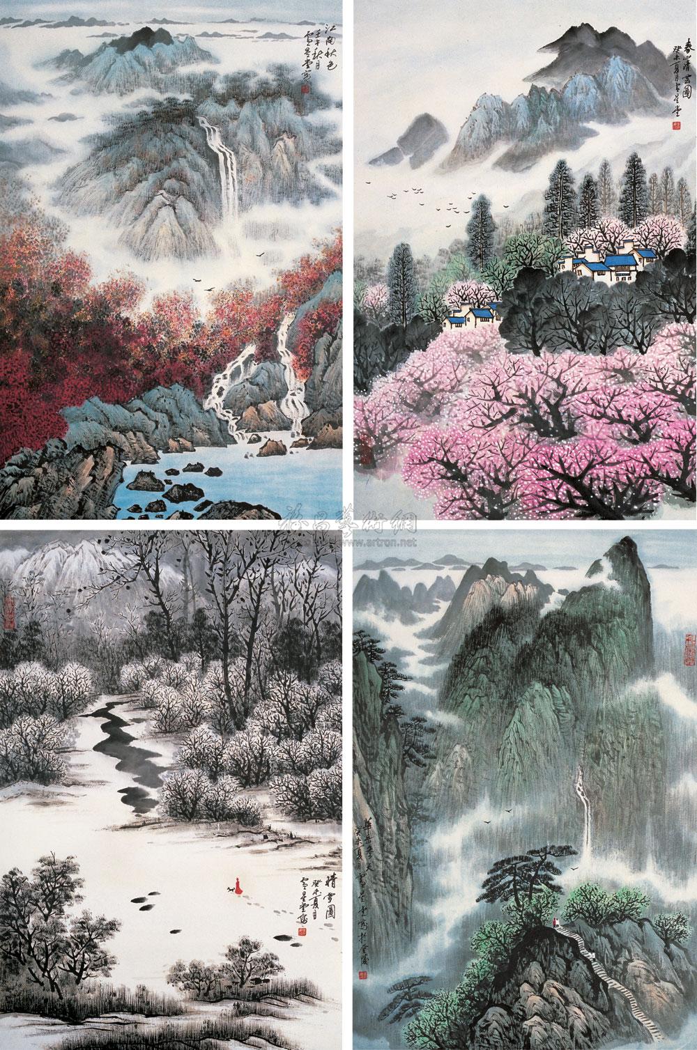 四季山水图 四镜心 设色纸本】拍卖品_图片_价格_鉴赏_绘画_雅昌艺术