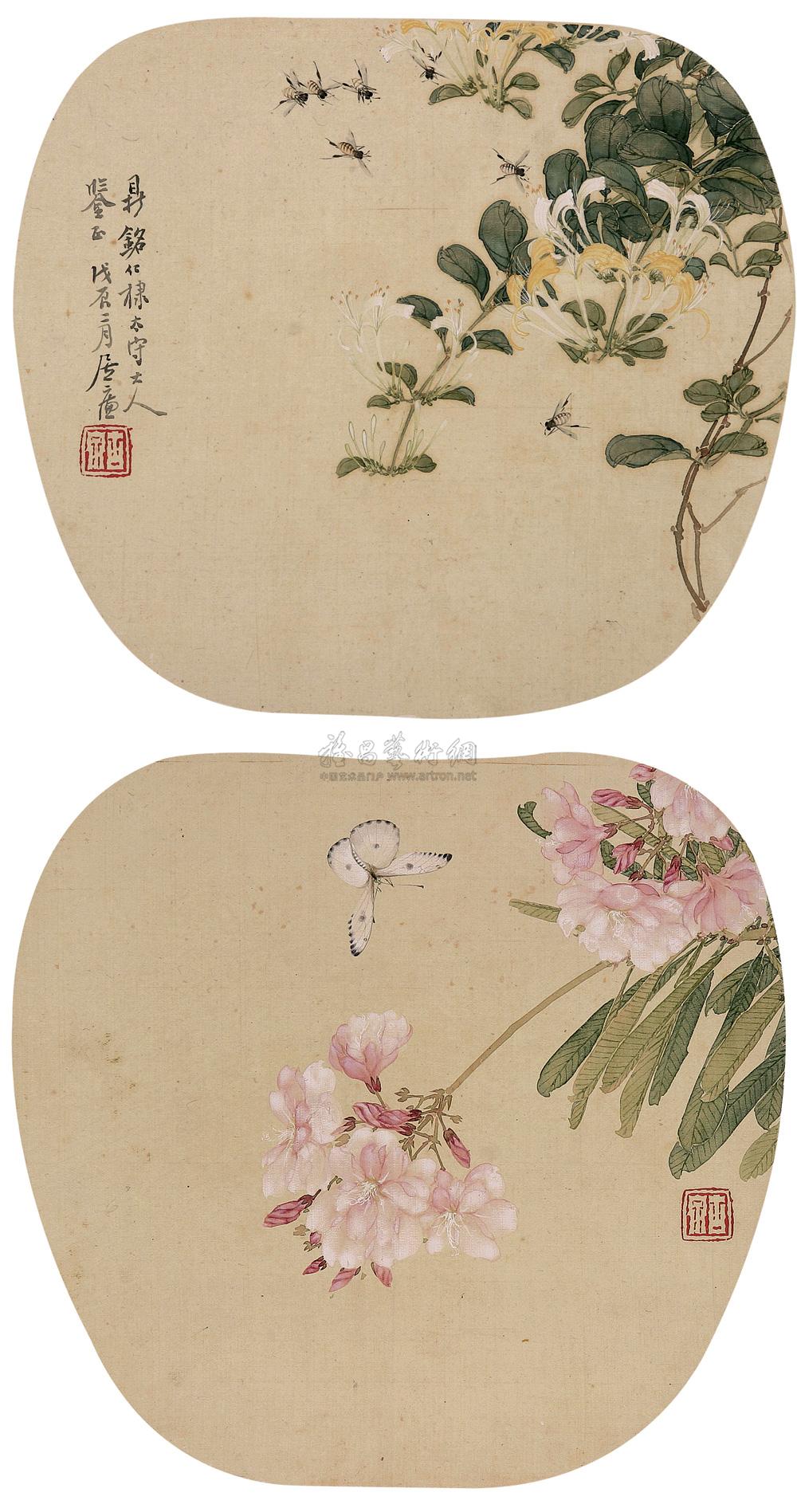 *0374 1868年作 蜂涌金银花 夹竹图 镜心 (二开) 设色绢本