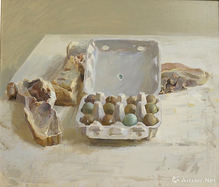 潘文艳,绿壳蛋和咸肉,布面油画,45×55cm, 2017