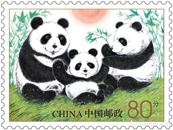 《大熊猫》邮资图展现了圆滚滚的熊猫一家三口在竹林里嬉戏玩耍,旭日