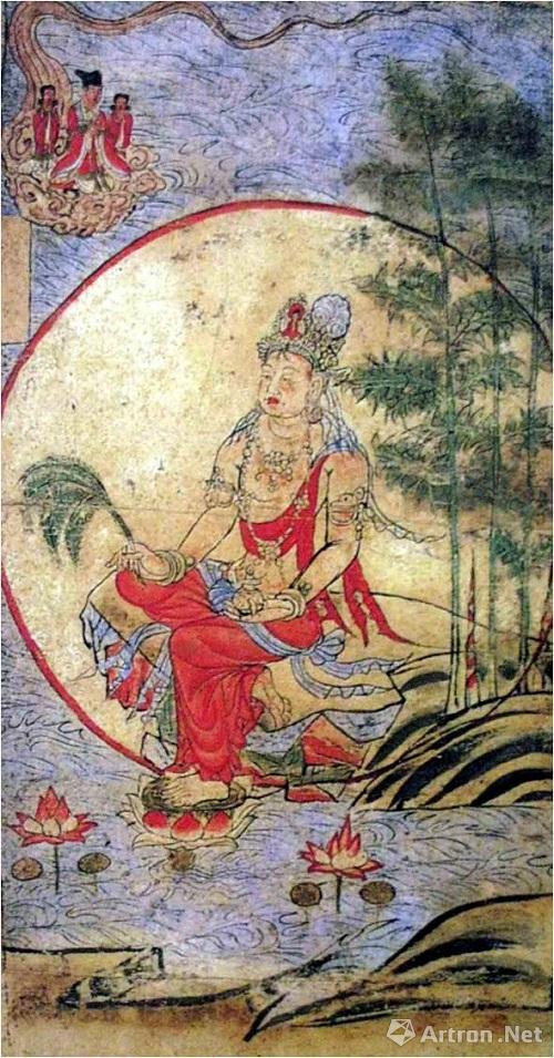 上边是观音菩萨,下边是水月观音,水月观音据说就是周昉创造的一种新的