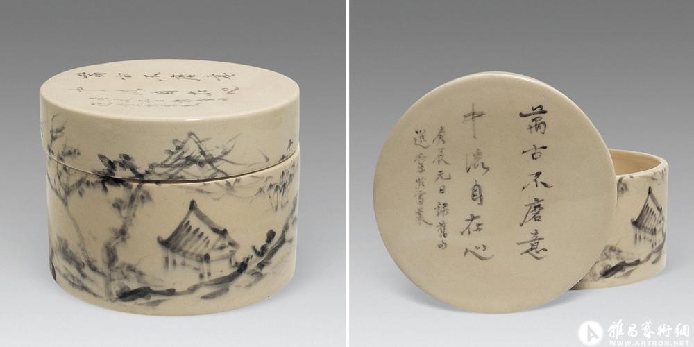 潇湘烟雨图瓷盒<br>^-^Porcelain Circular Box with Landscape Painting and Calligraphy