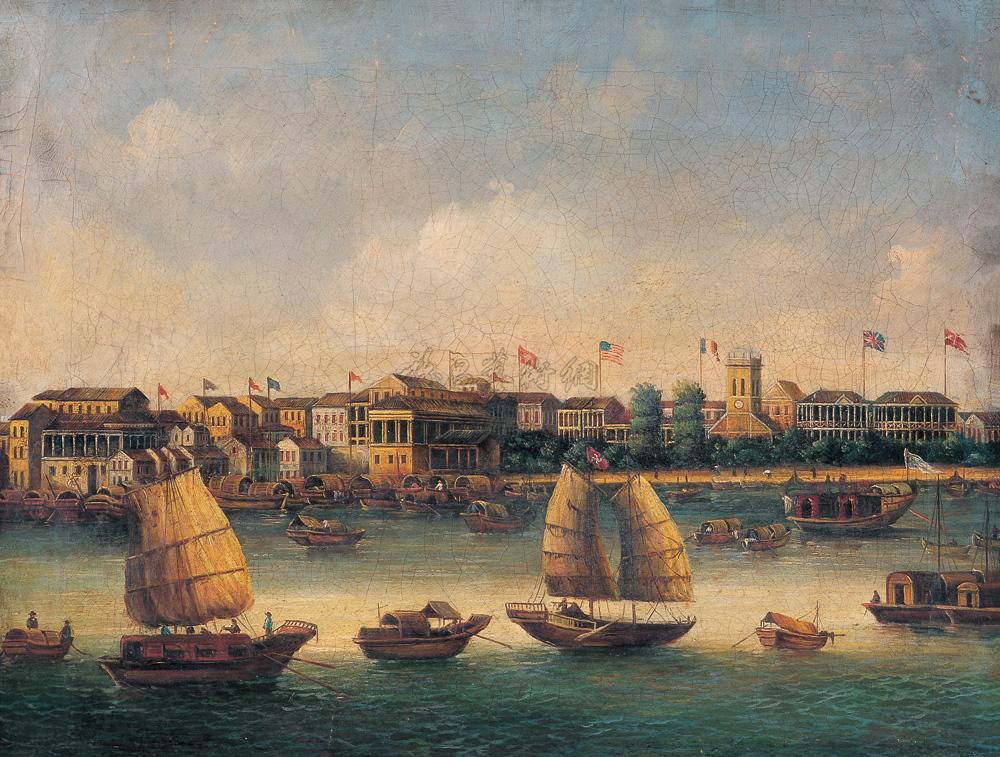 0401 19世纪作 广州清代十三洋行全景 布面 油画