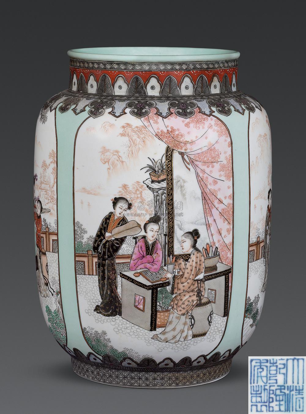 【清乾隆 粉彩开光仕女图壮罐】拍卖品_图片_价格_鉴赏_清代粉彩瓷器