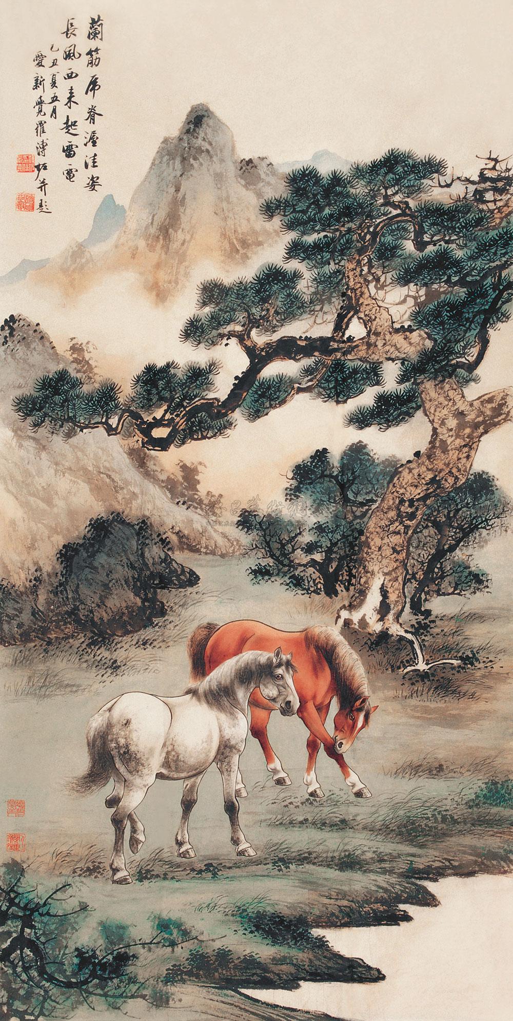 0916 1985年作 双马图 镜心 设色纸本