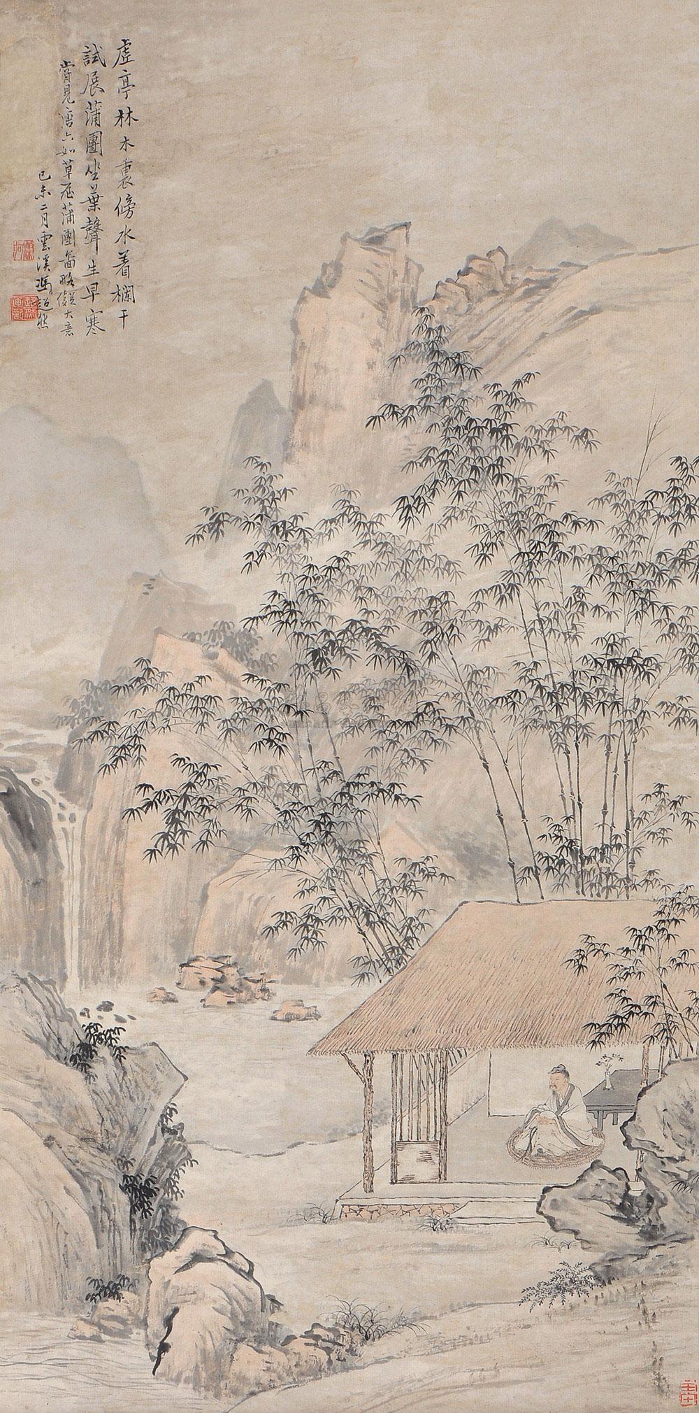 【己未(1919年)作 拟唐六如《草屋蒲团图》 立轴