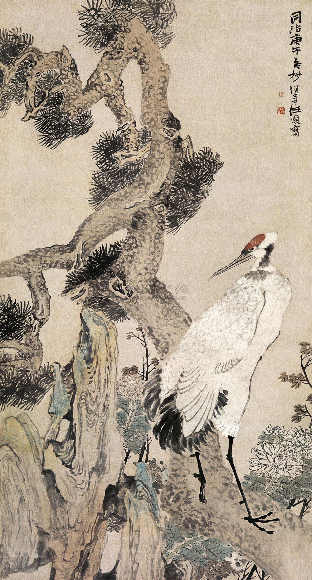0746 1870年作 松龄鹤寿 立轴 设色纸本