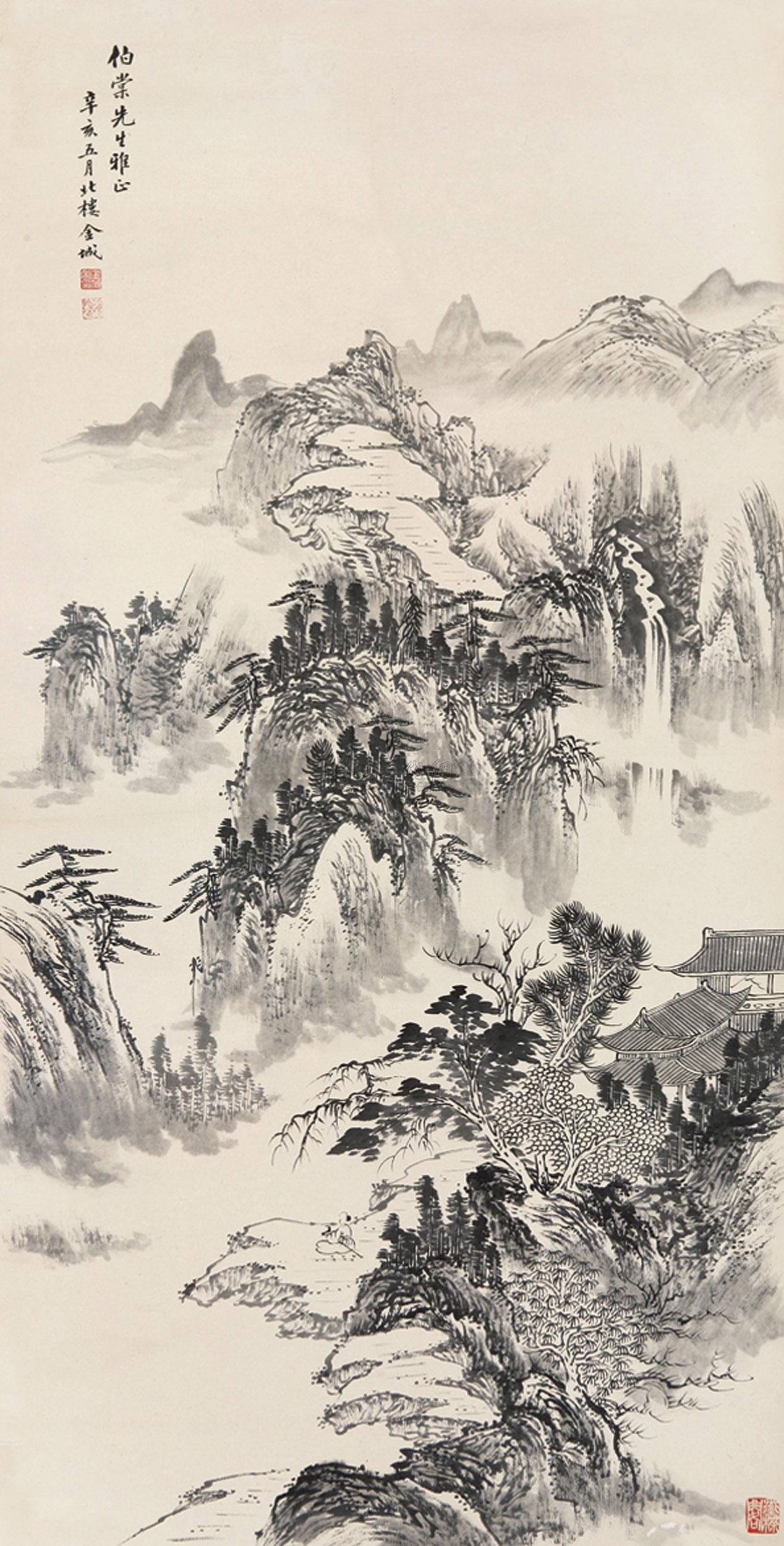 0482 溪山楼阁图 立轴 水墨纸本