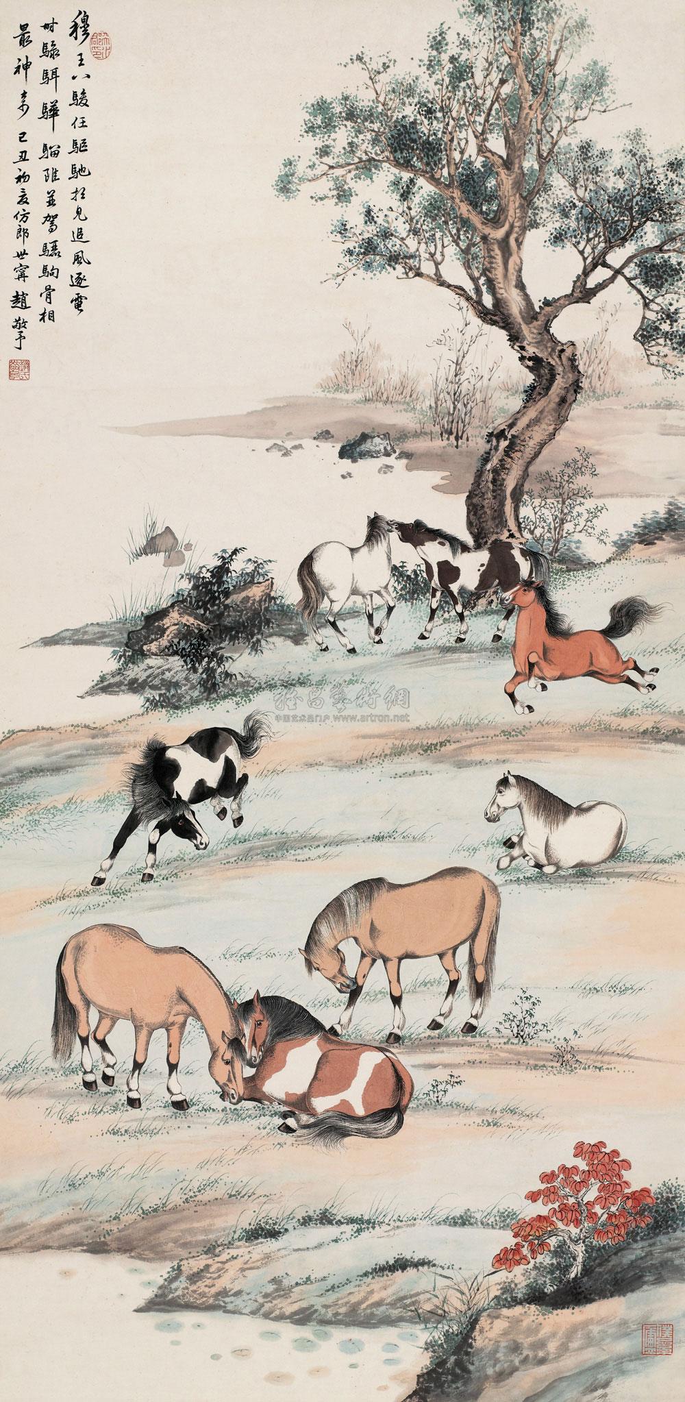 0056 1949年作 八骏图 立轴 设色纸本