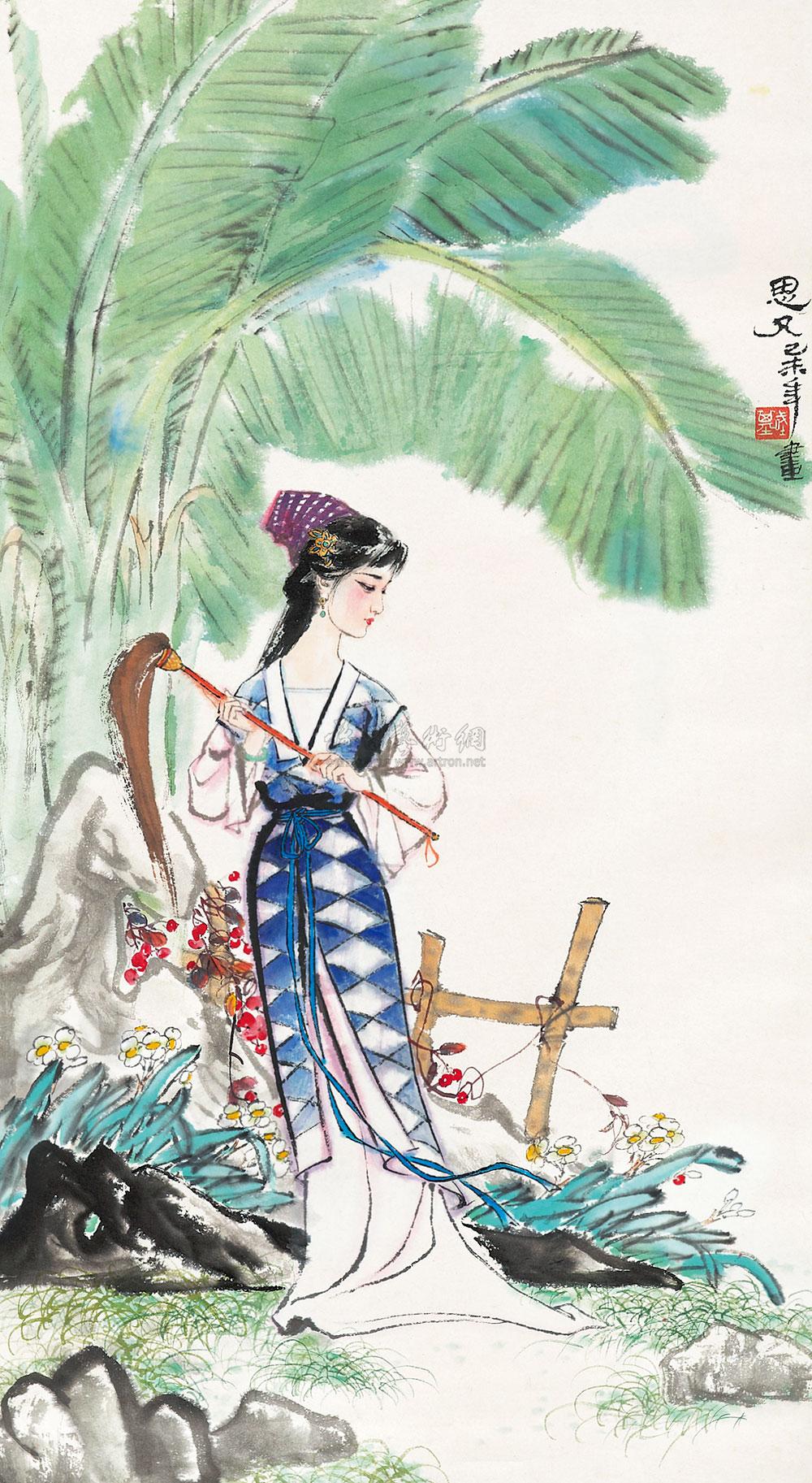 0631 芭蕉仕女图 立轴 设色纸本