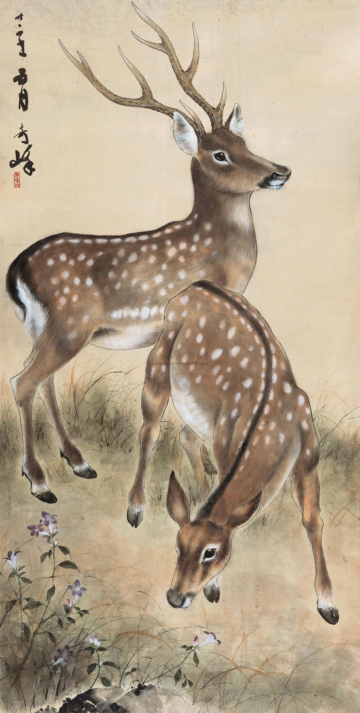 4480 双鹿 立轴 设色纸本