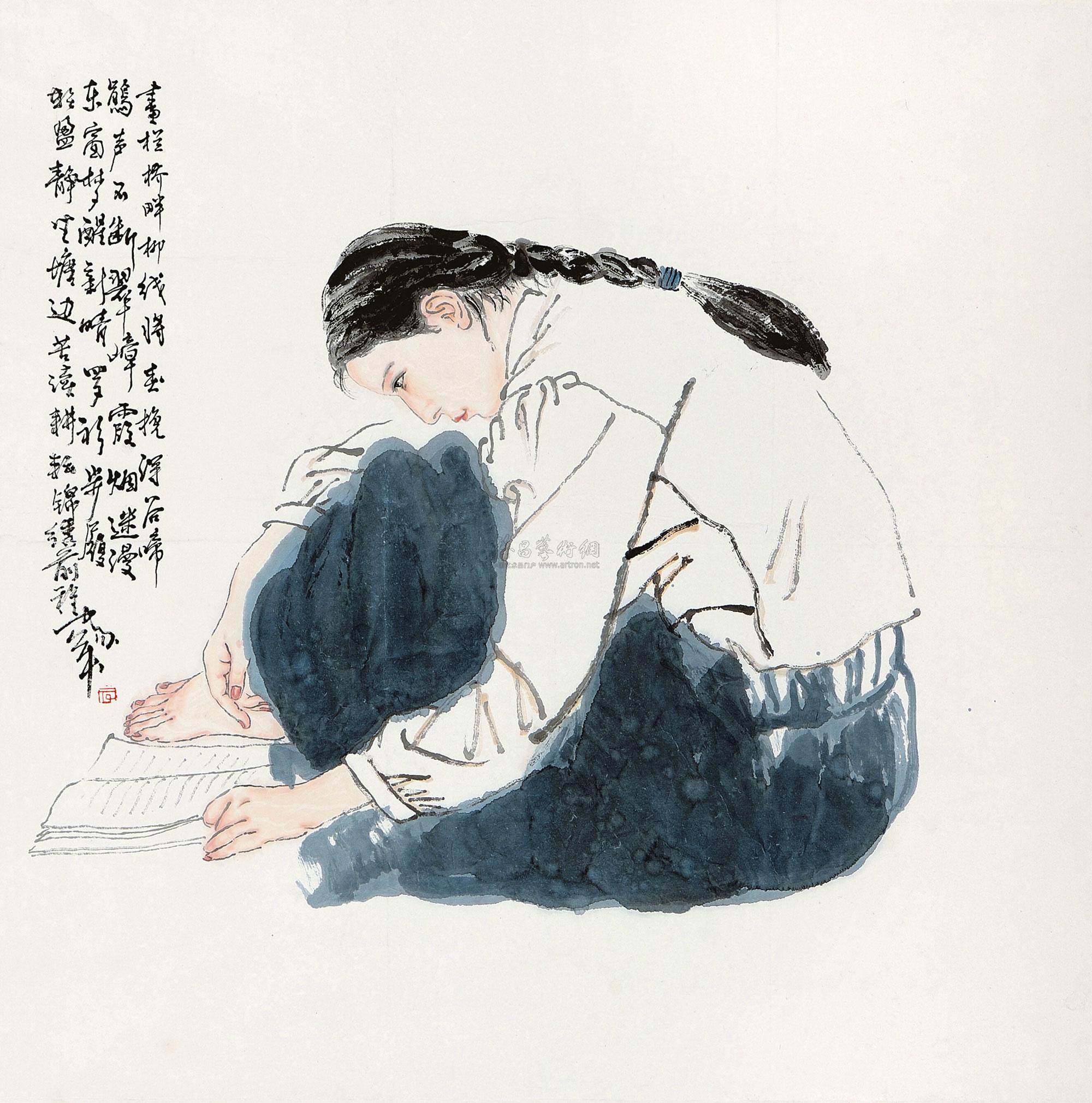 0061 苦读图 立轴 设色纸本