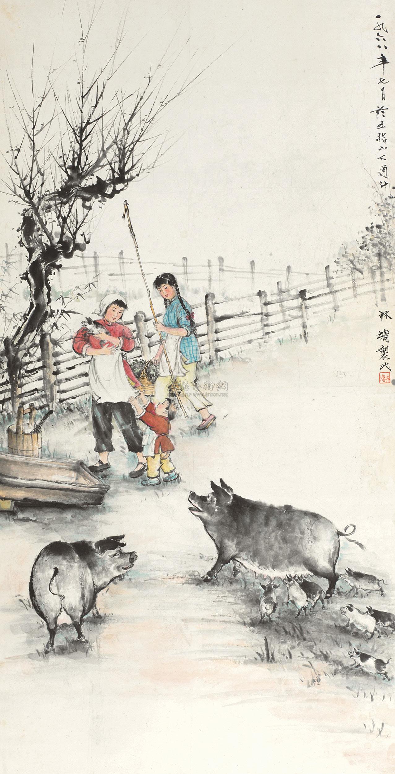 0627 1968年作 喂猪图 立轴 设色纸本