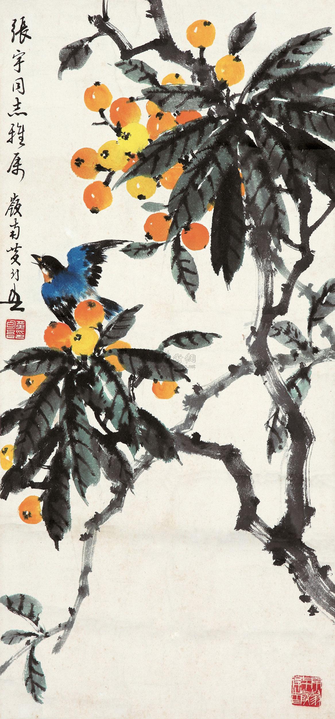 0153 枇杷山雀 镜片 设色纸本