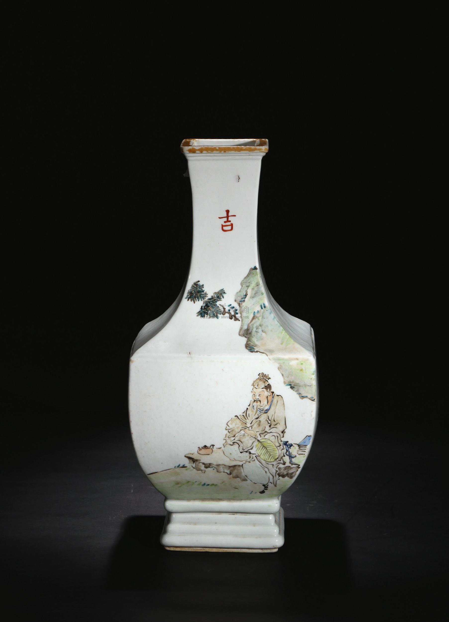 1478 民国 余焕文款浅绛彩山水人物诗文方瓶