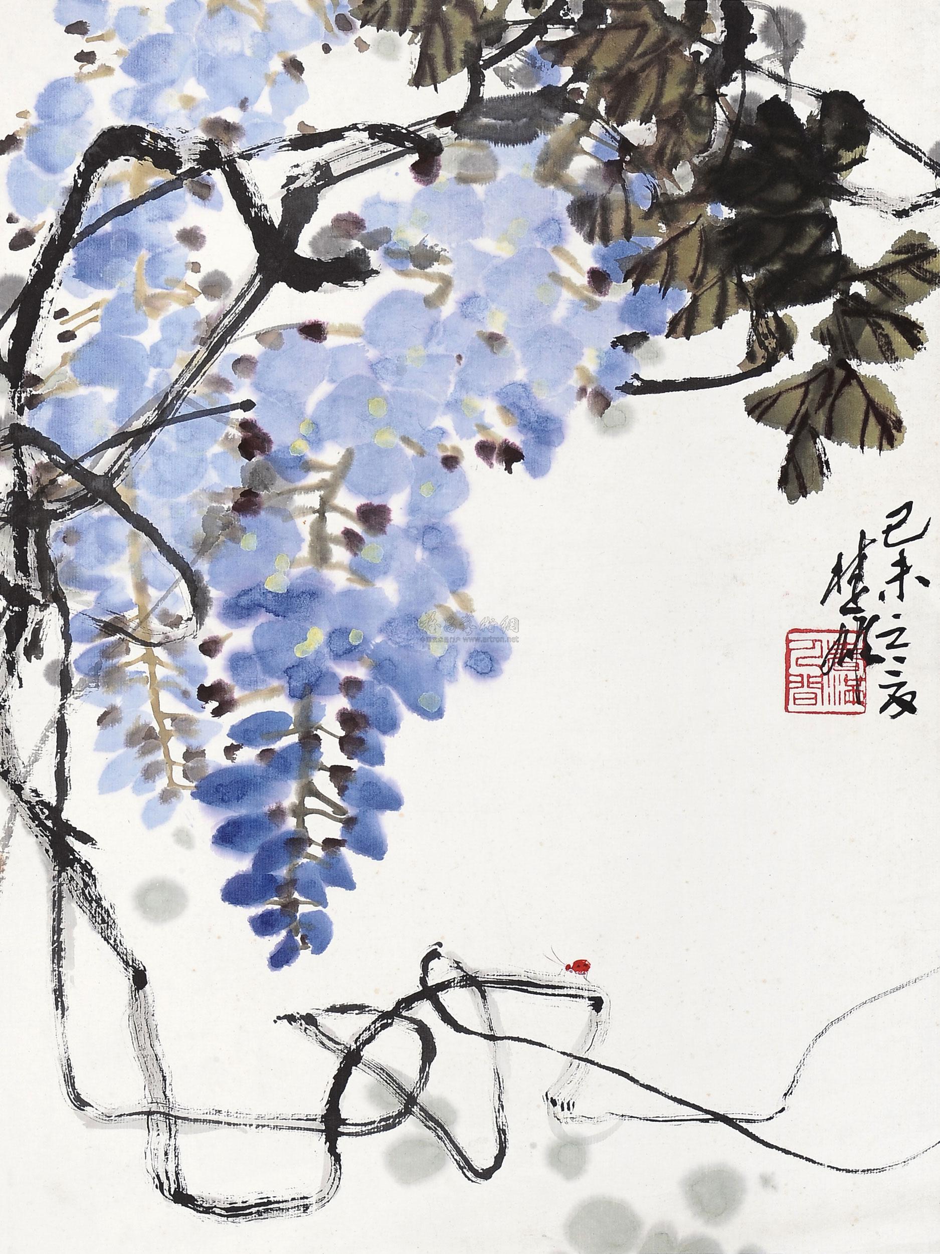 0023 己未(1979年)作 紫藤草虫 镜片 设色纸本