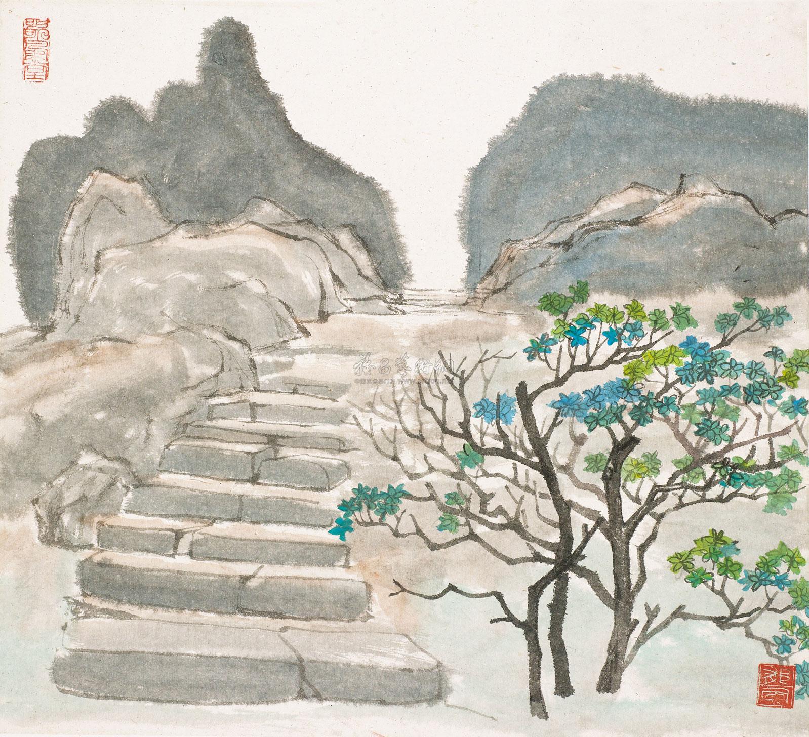 【山间小路 镜框 设色纸本】拍卖品_图片_价格_鉴赏_绘画_雅昌艺术品