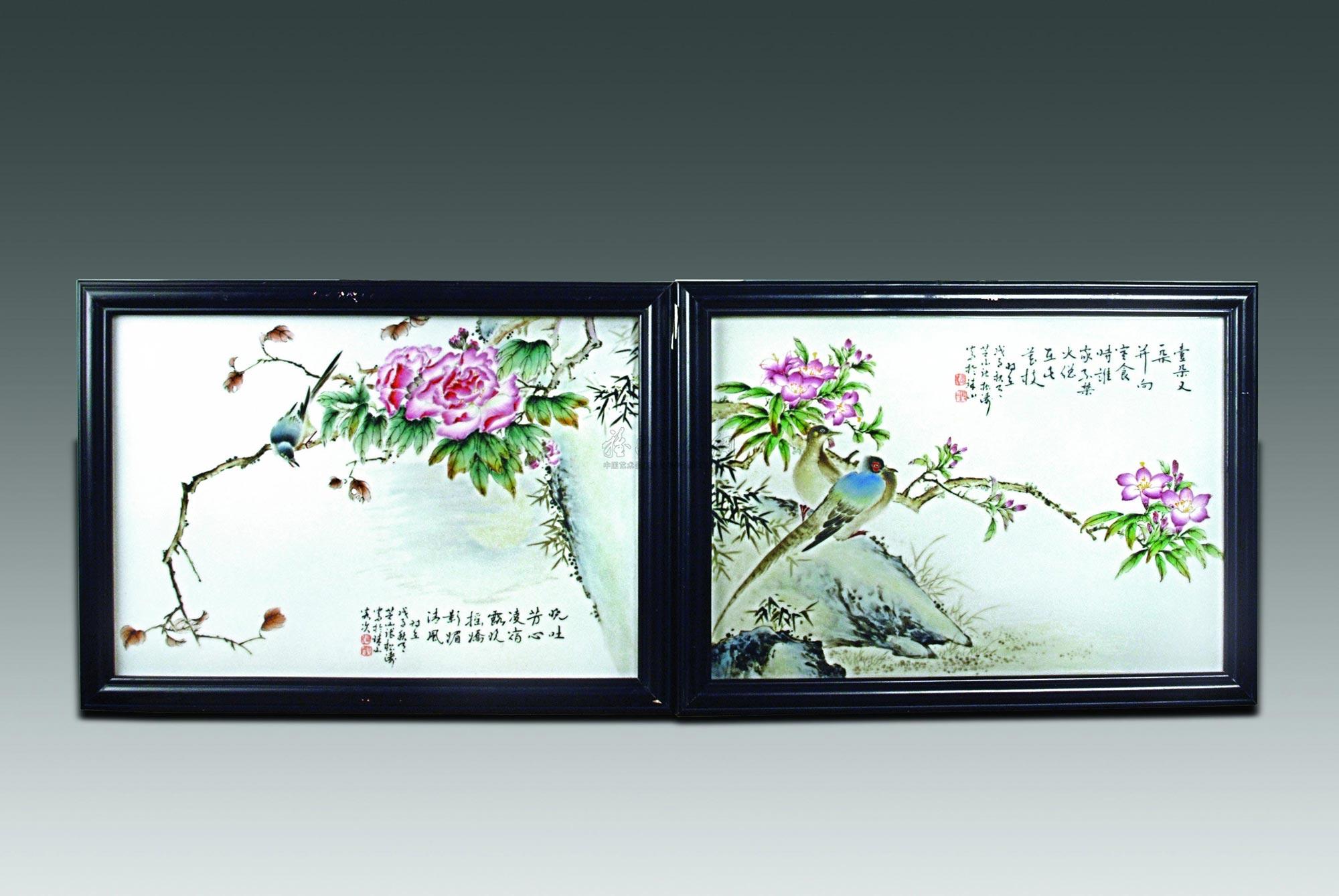 【民国 张松涛绘粉彩花鸟纹瓷板挂屏 (一对)】拍卖品_图片_价格_鉴赏