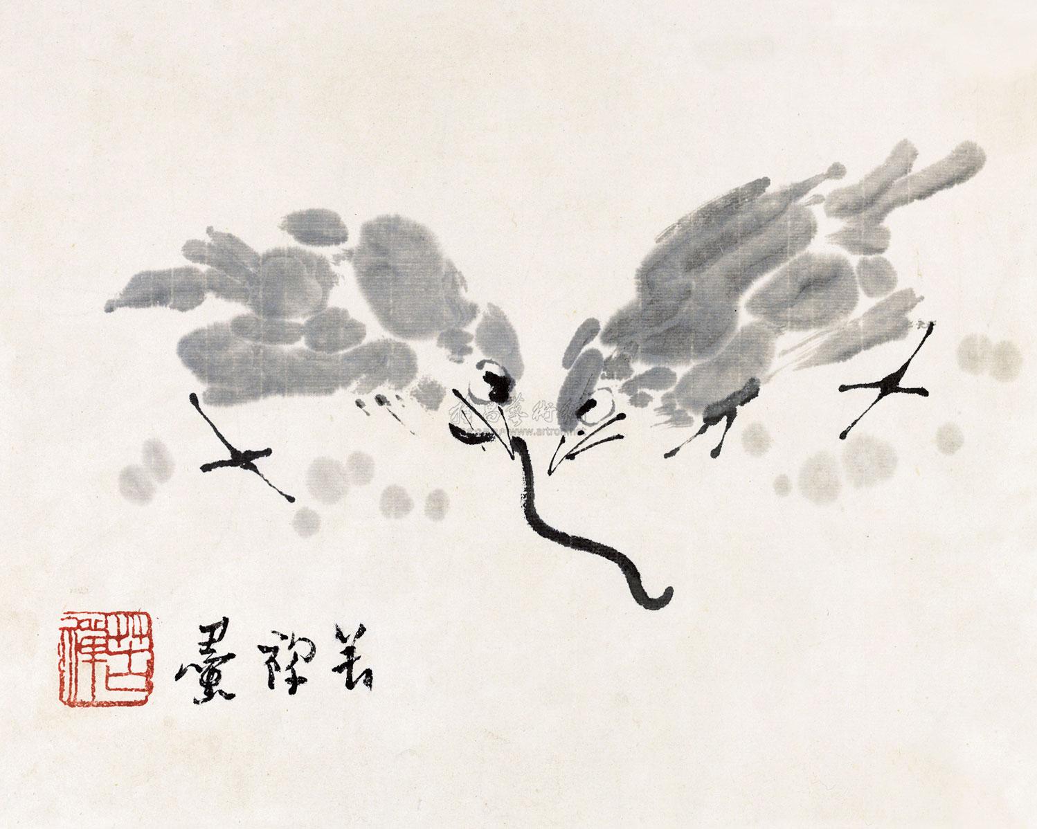 0904小鸡啄虫镜心水墨纸本