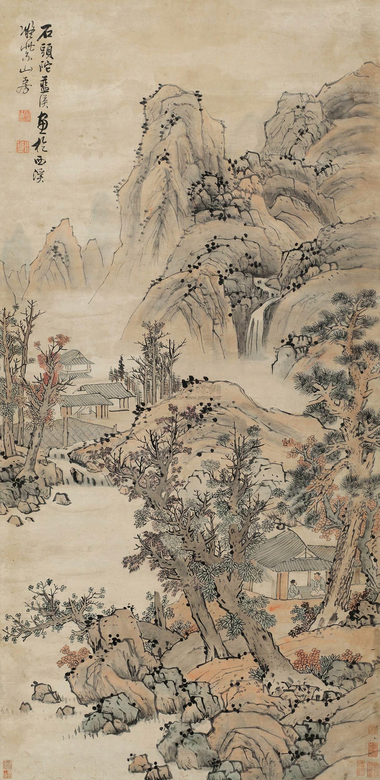 0686 溪山论道 立轴 设色纸本