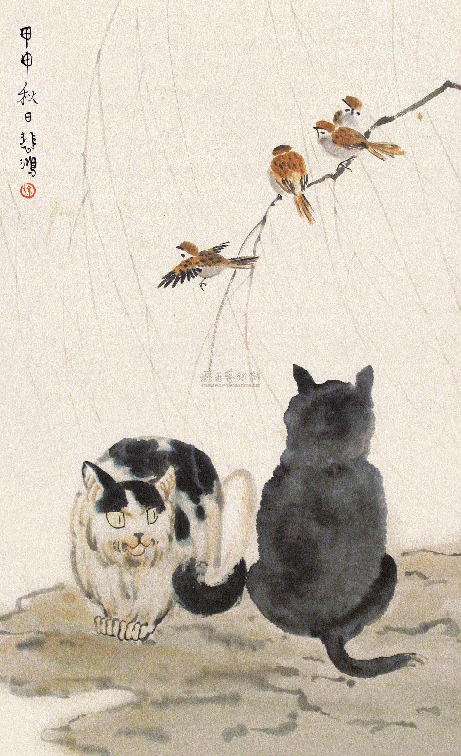 0555 猫与麻雀 立轴