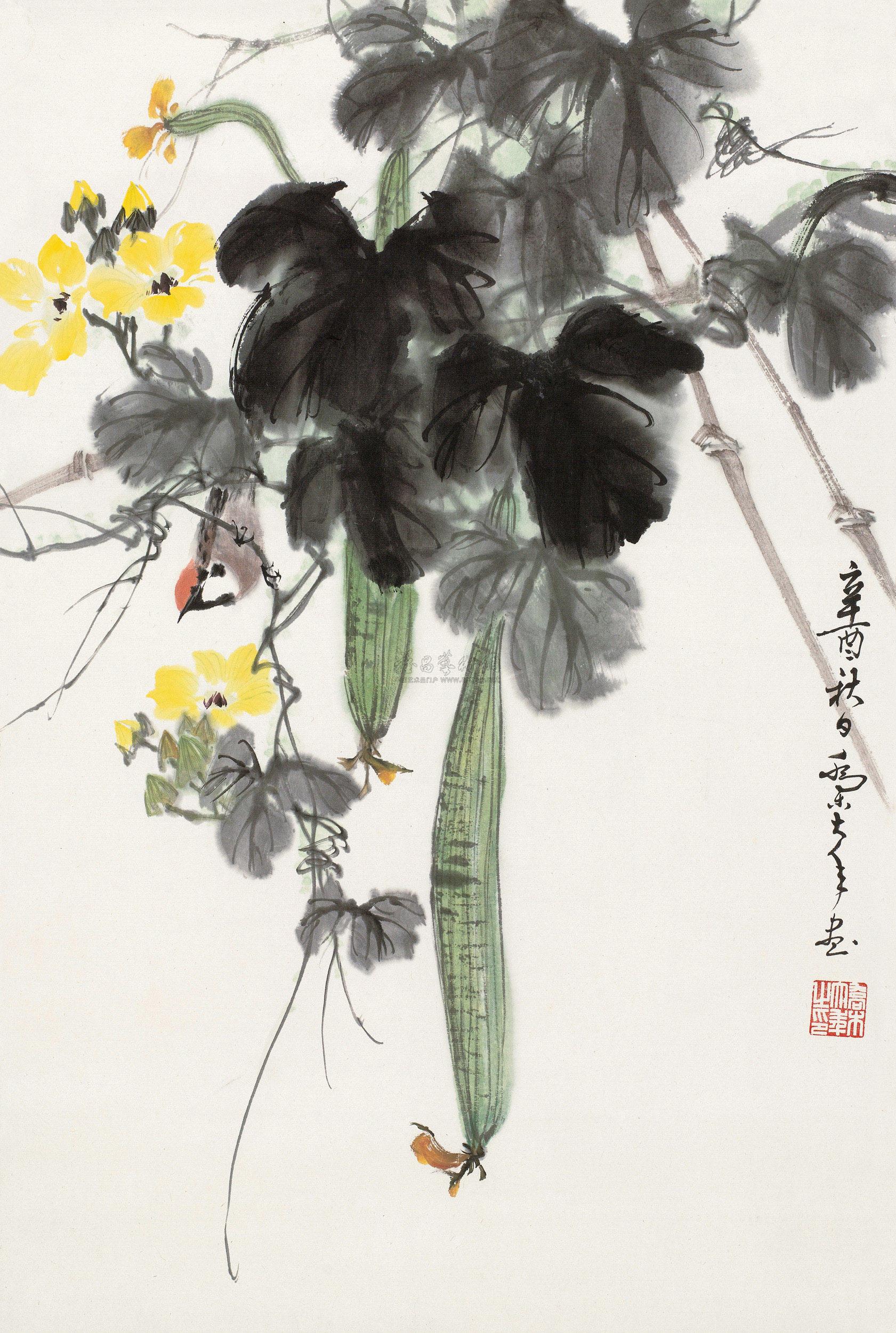06871981年作丝瓜麻雀立轴设色纸本