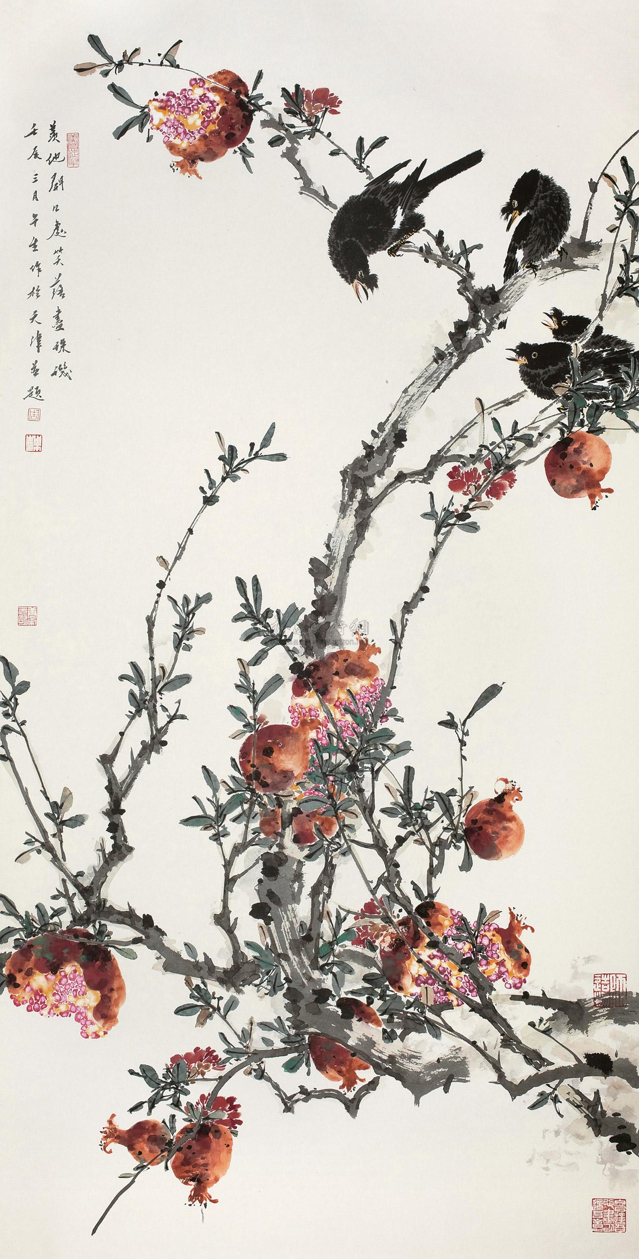 【2012年作 石榴八哥 镜心 设色纸本】拍卖品_图片_价格_鉴赏_绘画