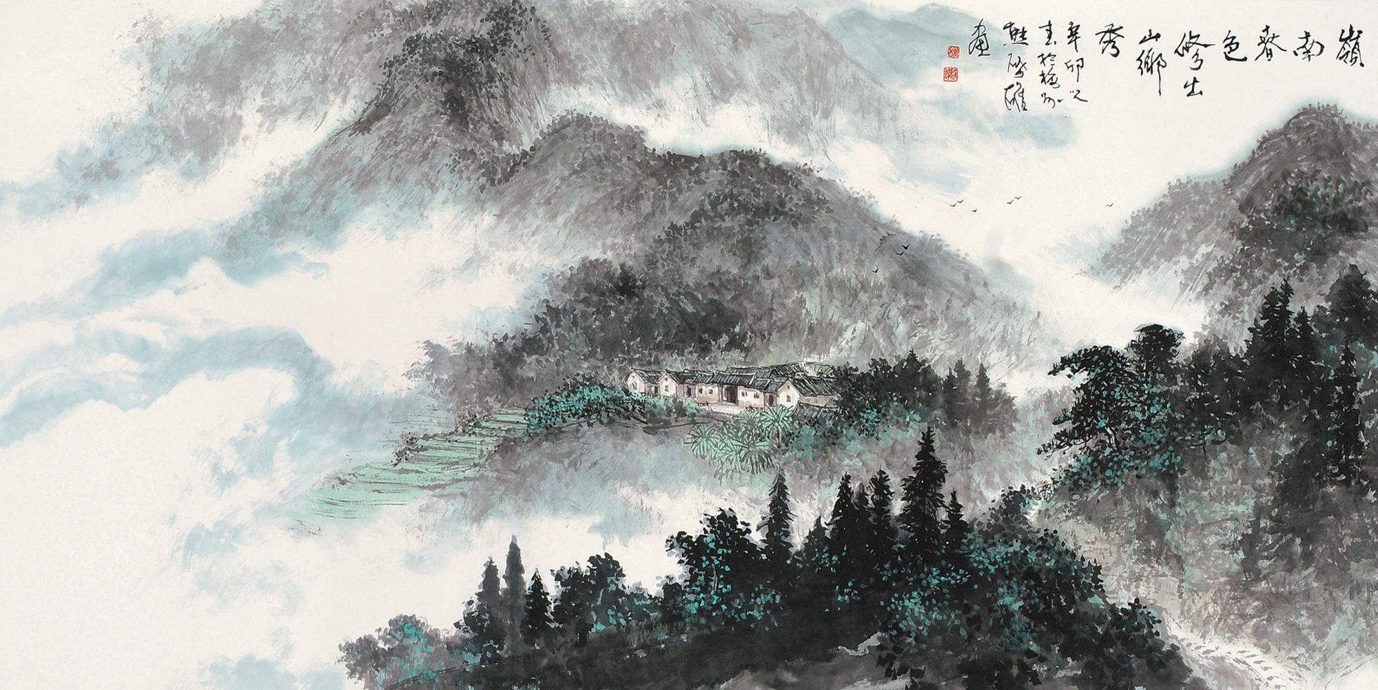 【客家村居山水之一 镜片 设色纸本】拍卖品_图片_价格_鉴赏_绘画