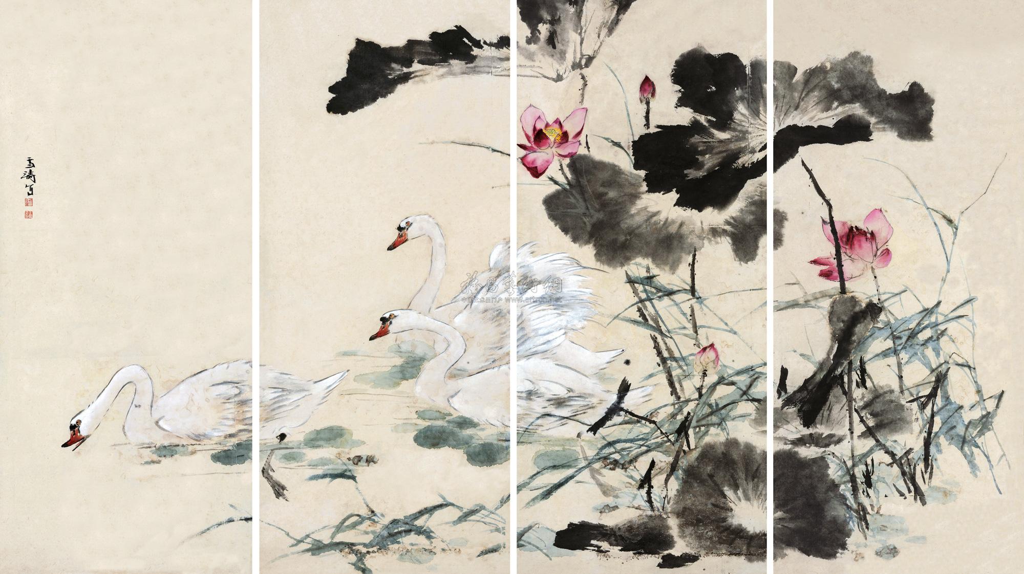 4831 荷花三鹅 通景四屏 设色纸本