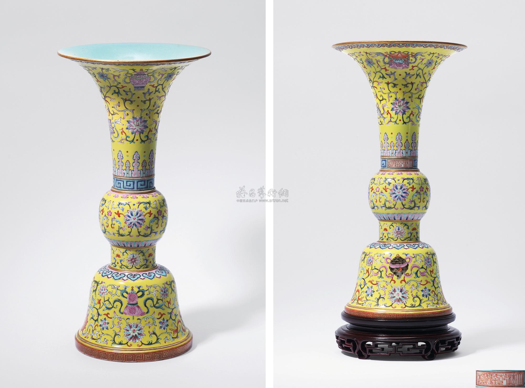 【清乾隆 黄地粉彩缠枝莲八宝纹花觚】拍卖品_图片_价格_鉴赏_清代