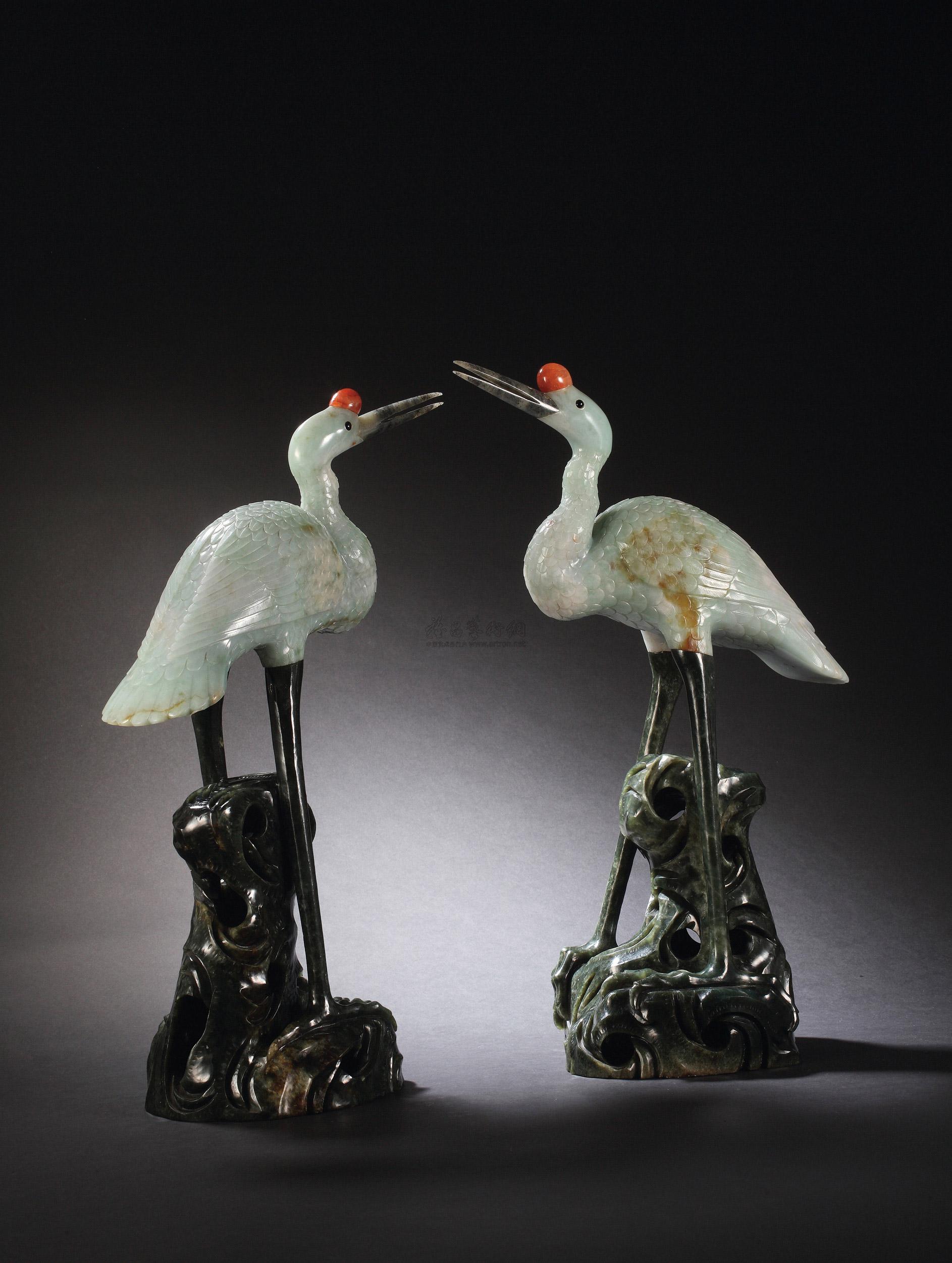 6258 清中期 翡翠碧玉雕仙鹤摆件 (一对)